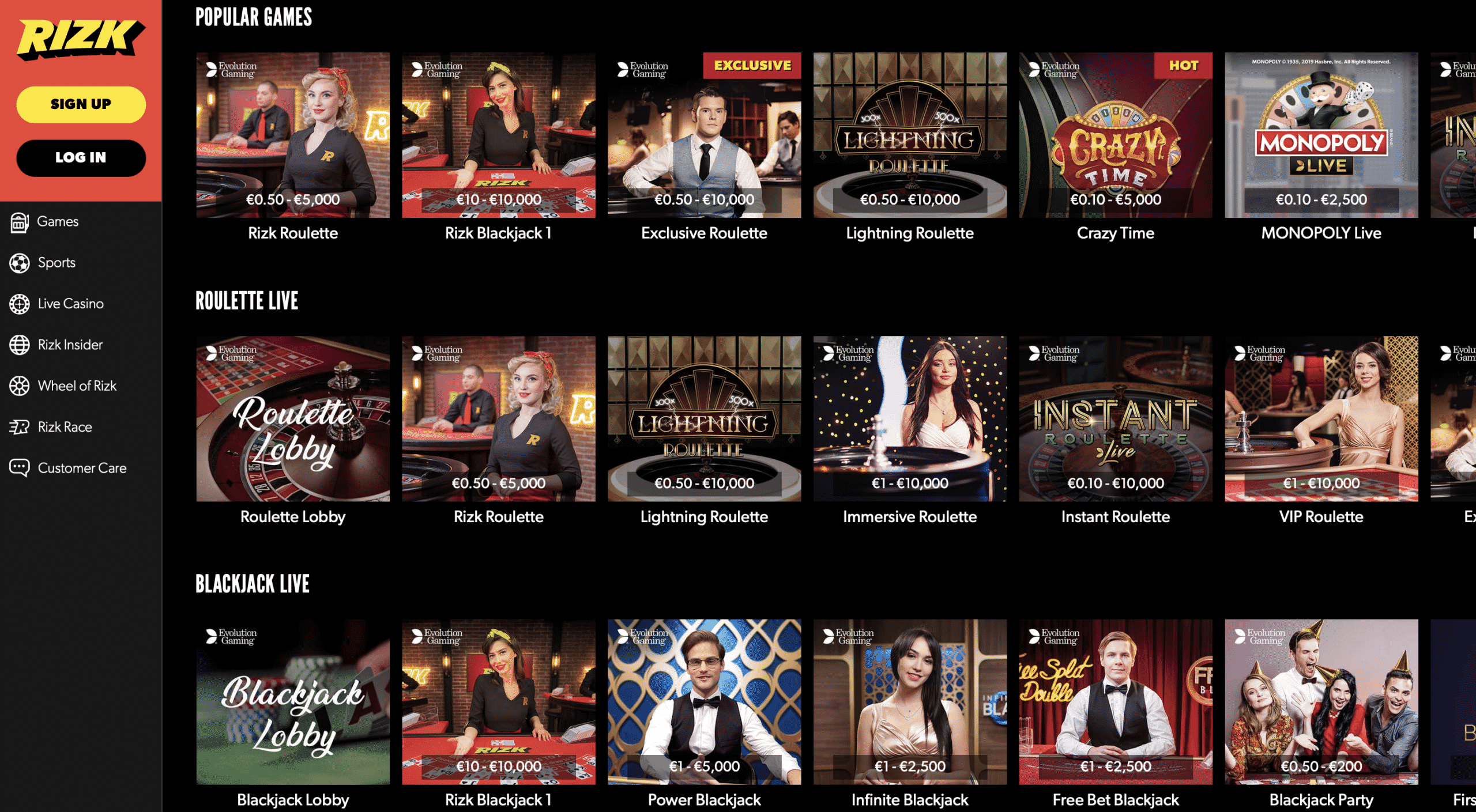 Rizk Casino Live Casino